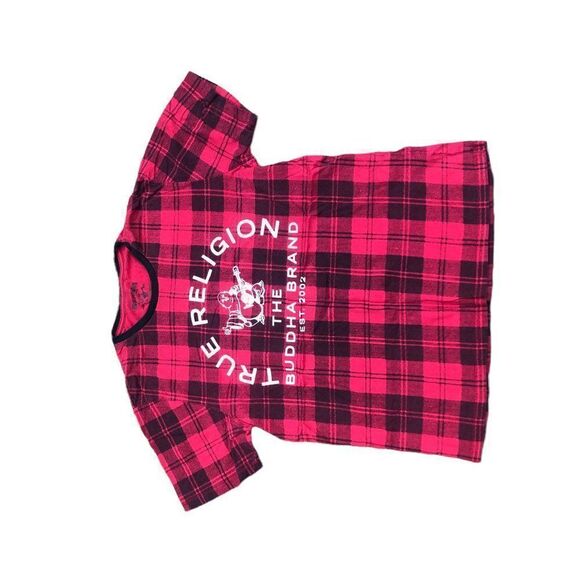 TRUE Religion T Shirt Plaid BIG LOGO RED Large - Picture 5 of 6